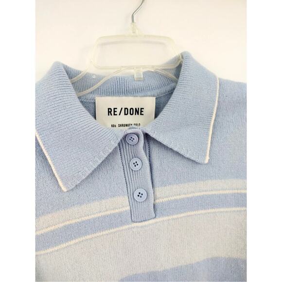 RE/DONE 60s Shrunken Polo Top Medium Pale Blue Striped Cropped Knit Mod - Picture 6 of 16